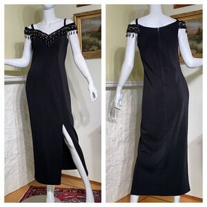 Vintage 90’s DOLLAR USA Black Evening Gown Jewelled Drop Shoulder Side Slit